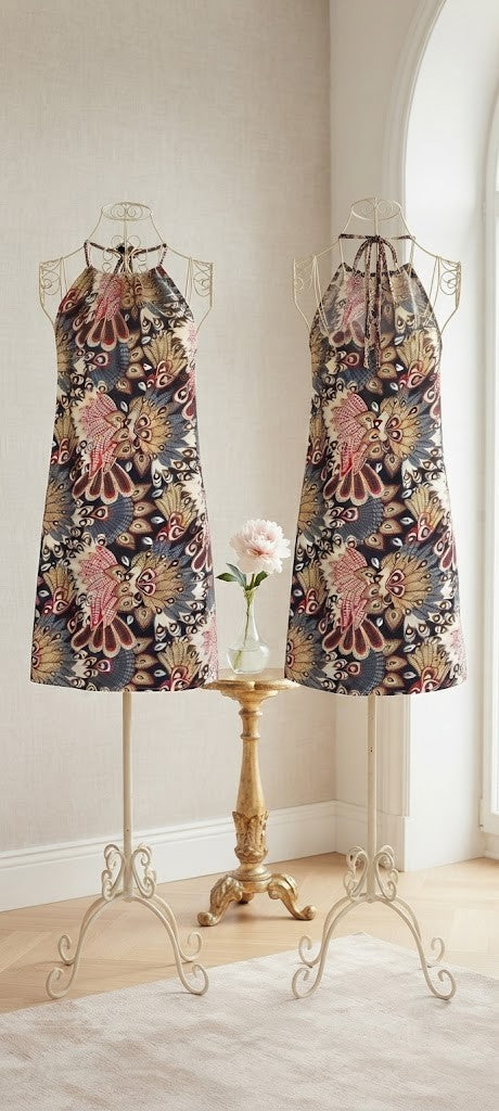 Boho-Chic Peacock Print Halter Dress - Excellent Condition (Size Large)