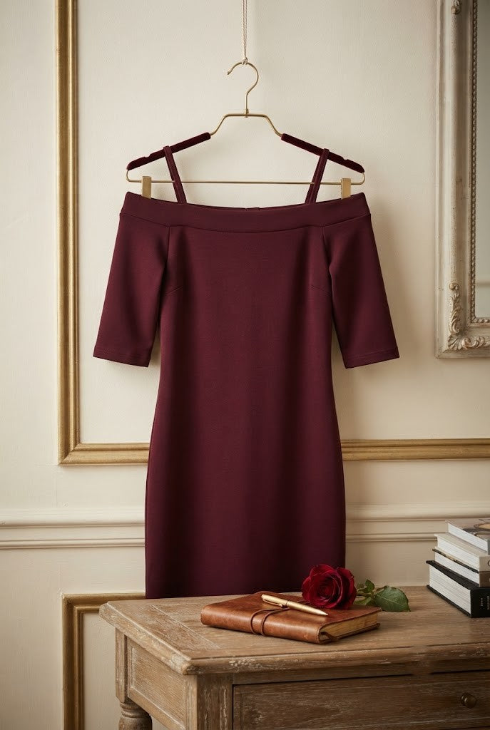 "Girls Just Want To Have Fun" Off-The-Shoulder Burgundy Dress – Size 13-14