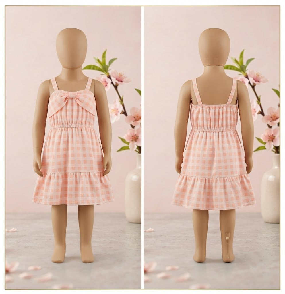 REAL Kids Size 9-10 Girls Peach Gingham Bow-Detail Dress