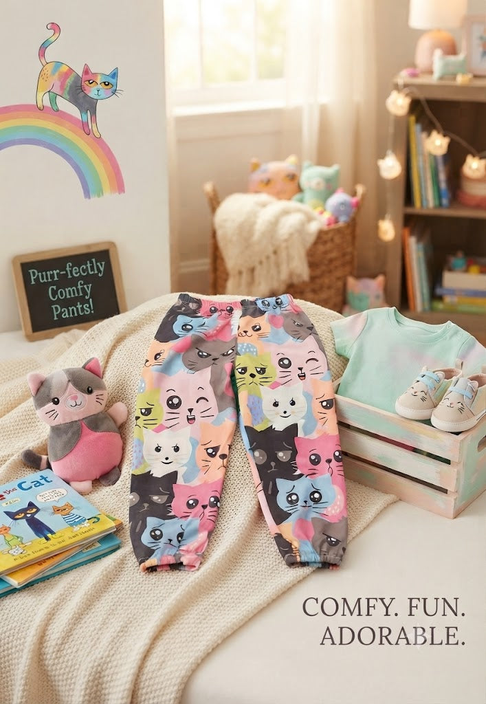 Adorable Cat-Print Toddler Joggers – Size 3-4 Years (Excellent Condition)