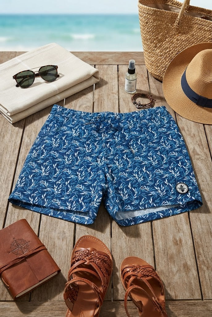 REAL Swim Brand Men's Printed Swim Shorts - Blue Leaf Pattern - Size XL - 100% Polyester