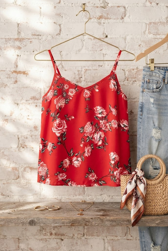 Free 2BU Floral Cami Blouse – Red Rose Print – Size 34 (Excellent Condition)