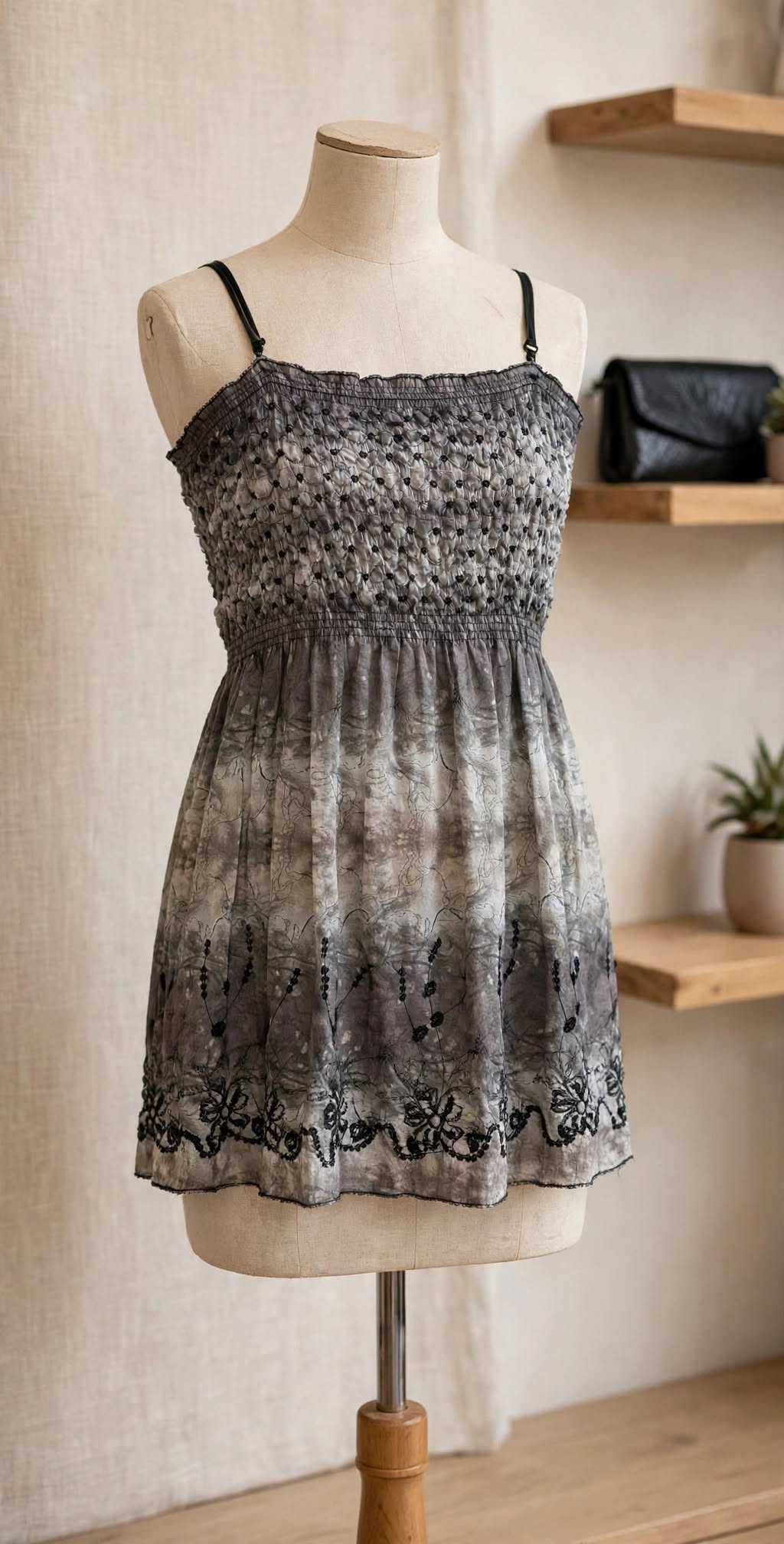 Gray Ombre Embroidered Smocked Spaghetti Strap Blouse | Size Small