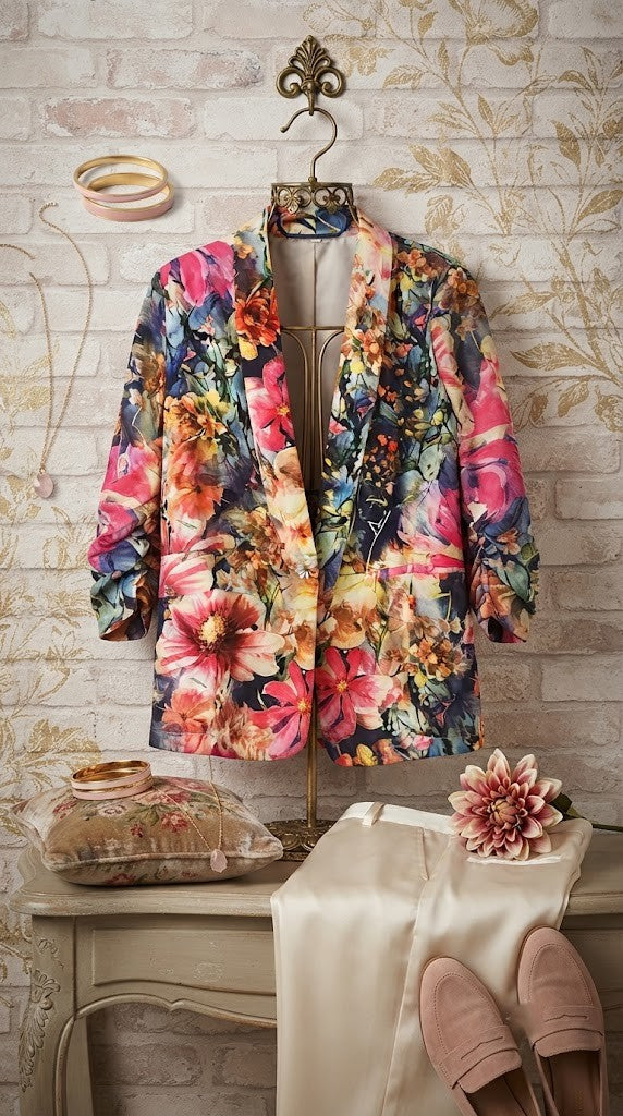 Vibrant Floral Print Ruched-Sleeve Blazer – Size Small
