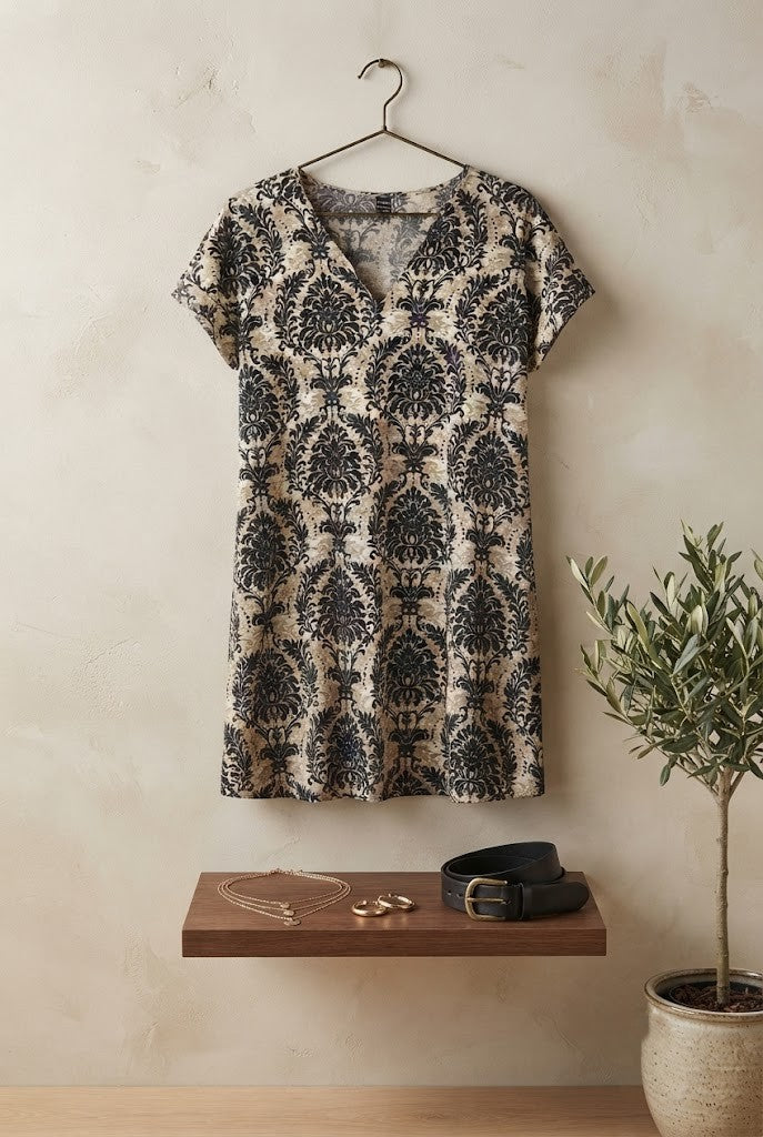 Elegant Damask Print V-Neck Shift Dress – Neutral & Black, Size 36