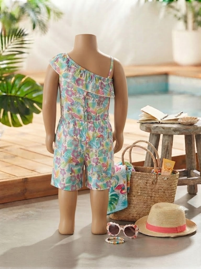 Qtee Girls' Butterfly-Print One-Shoulder Jumpsuit – Size 7-8 Years, Excellent Condition