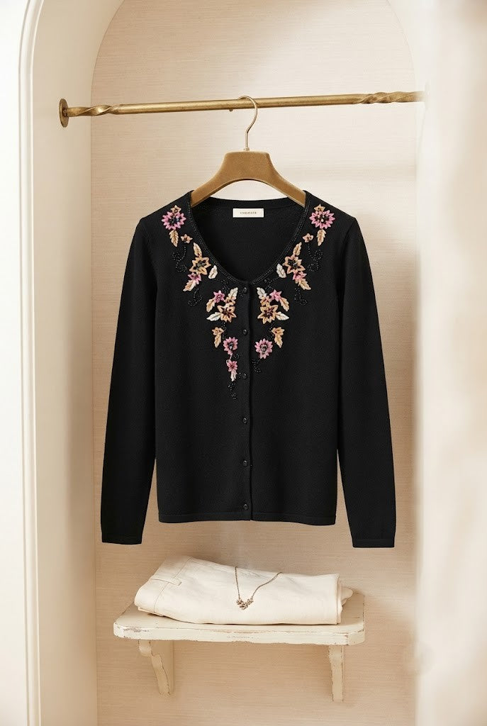 Floral Embroidered Black Cardigan – Women’s Size XL – Pre-Loved Excellent Condition