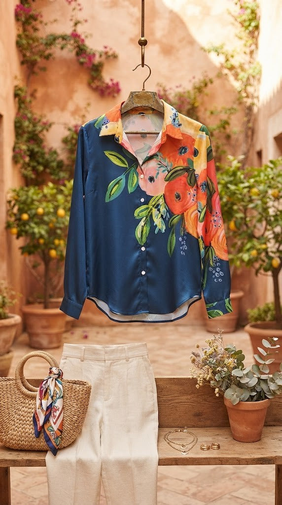 Vibrant Floral Print Long-Sleeve Blouse – Women's Medium