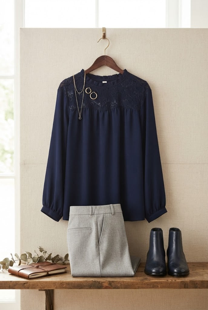 Donna Claire Navy Lace-Trimmed Blouse – Elegant Long Sleeve Top, Size 52