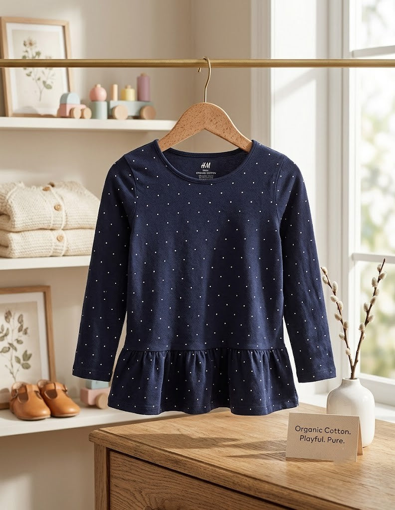 H&M Organic Cotton Long Sleeve Polka Dot Peplum Blouse - Size 6-8 Years