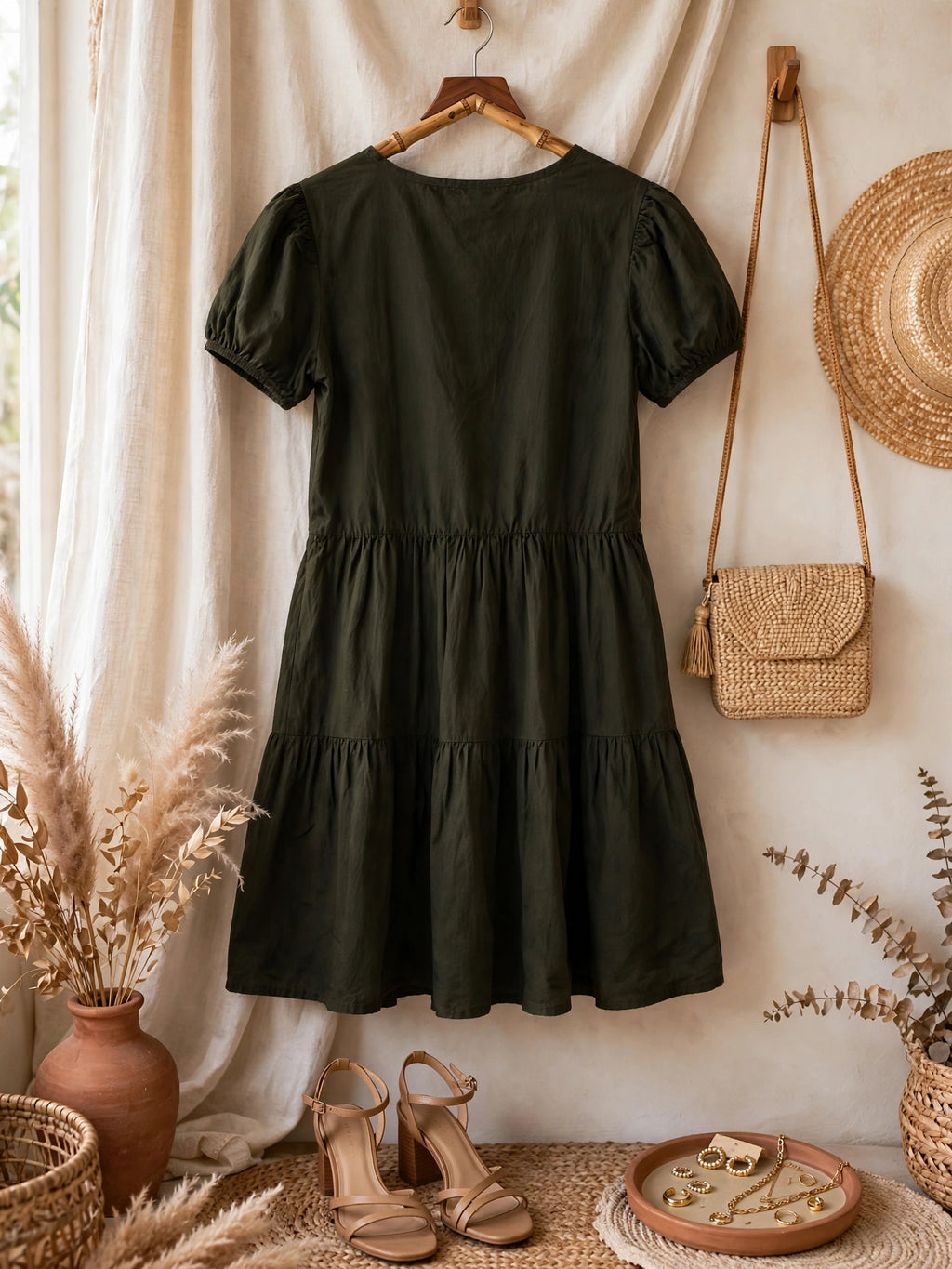 Women's Olive Tiered Babydoll Inwear Mini Dress - Size 32