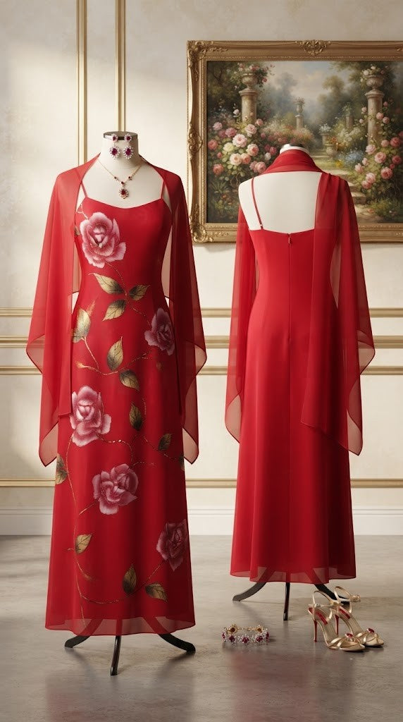 Elegant Hand-Painted Rose Floral Maxi Dress with Matching Shawl - Size M