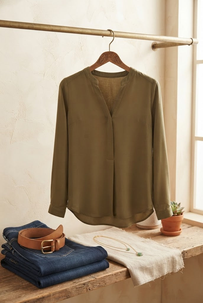 Oasis Long-Sleeve Olive Utility Blouse | Women’s Size 32