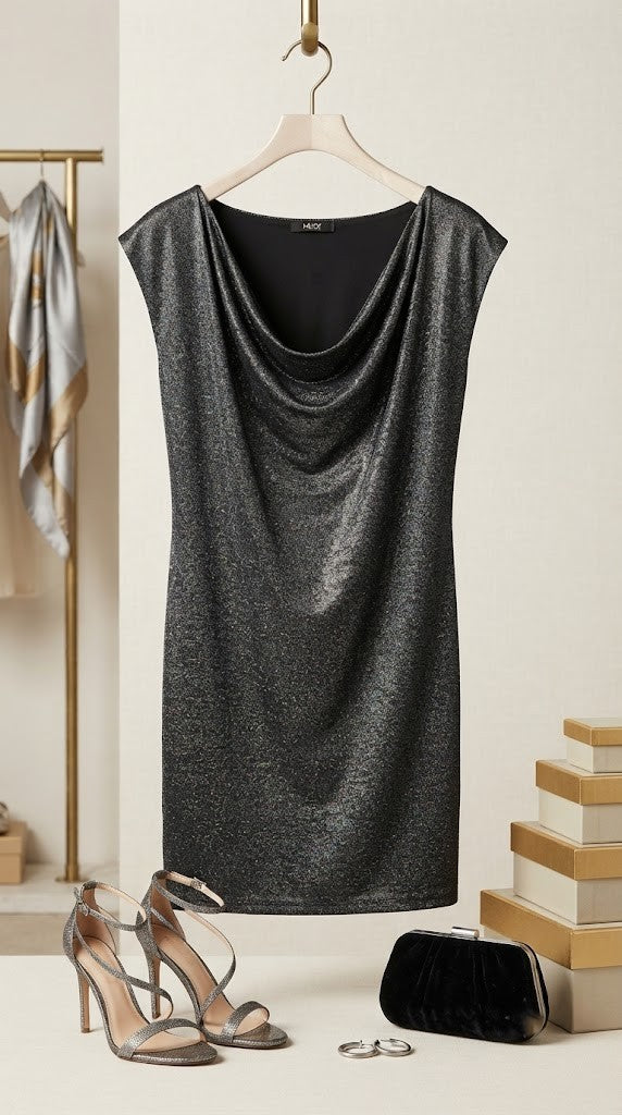 Elegant Shimmer Cowl-Neck Midi Dress – Size Medium