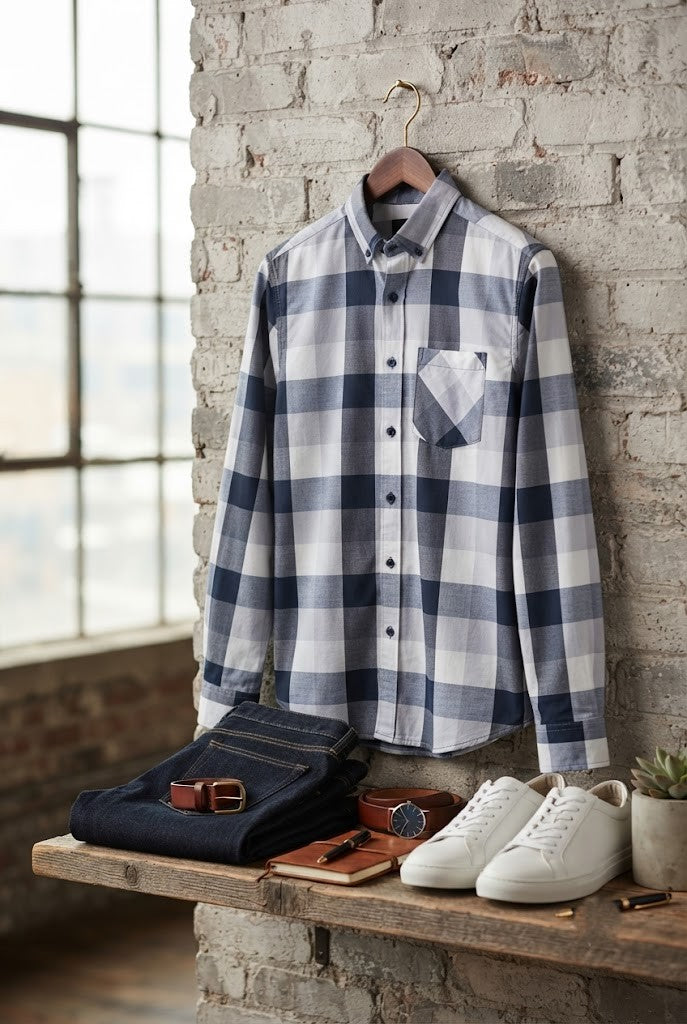 Oakridge Men’s Long-Sleeve Plaid Button-Down Shirt – Navy & White – Size Small