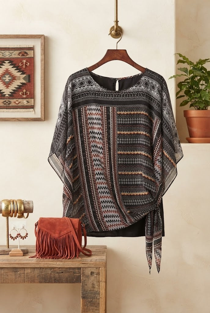 Boho-Chic Geometric Pattern Tie-Side Blouse – Size XL – Excellent Condition