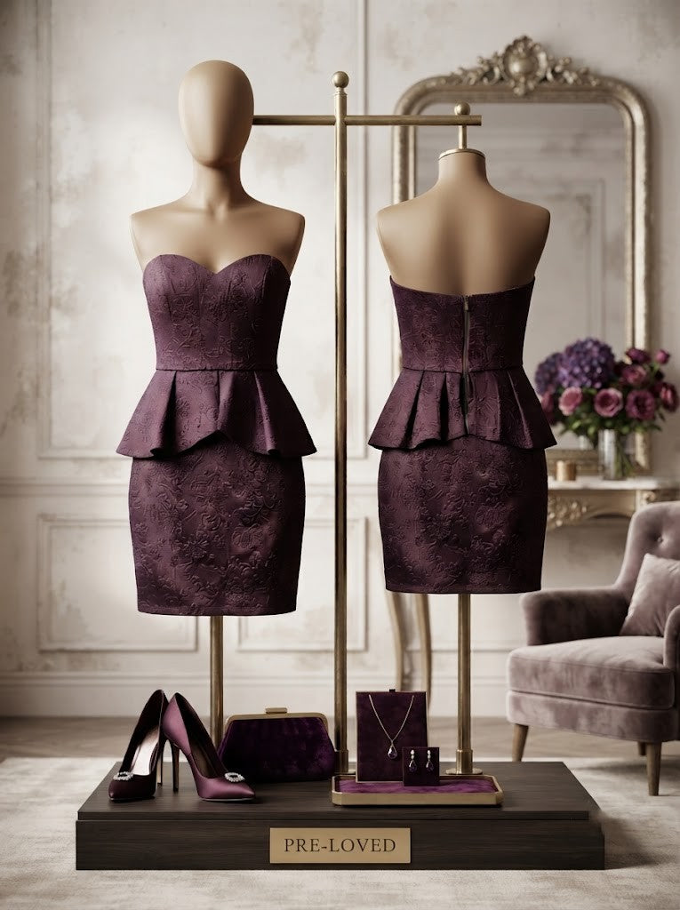 Elegant Floral Textured Peplum Dress – Deep Plum, Size Medium