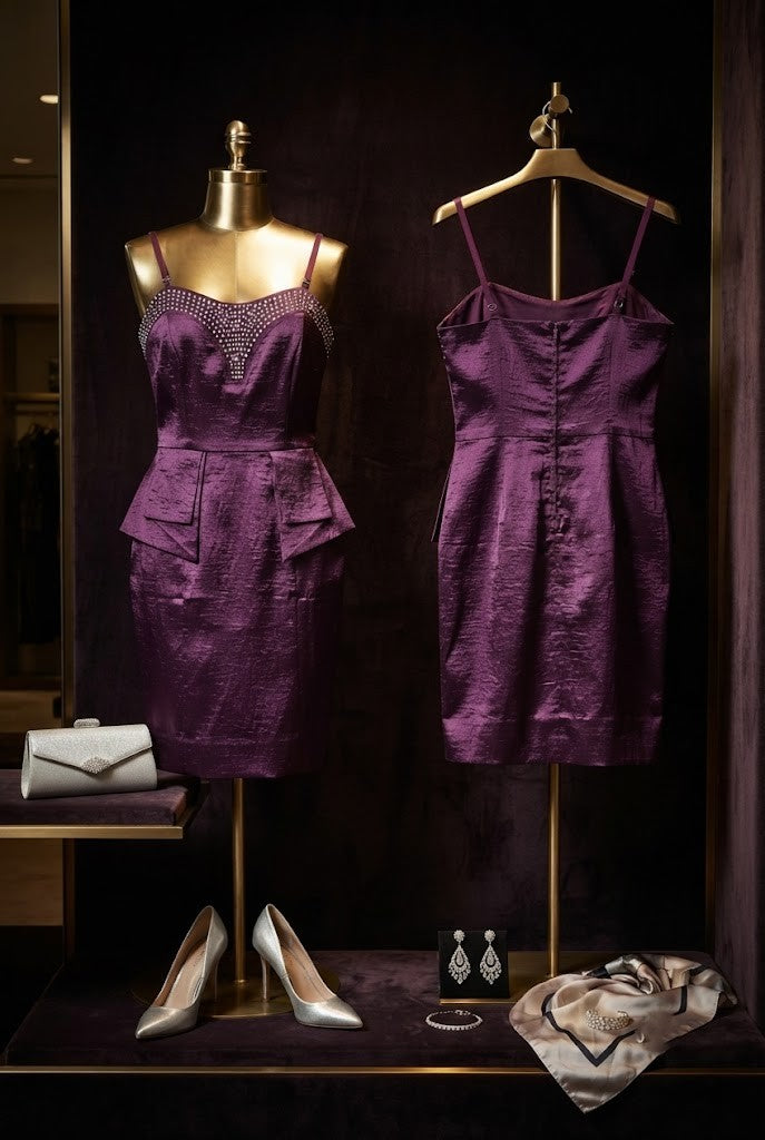 Midnight Plum Embellished Peplum Cocktail Dress - Identity Brand (Size 38)