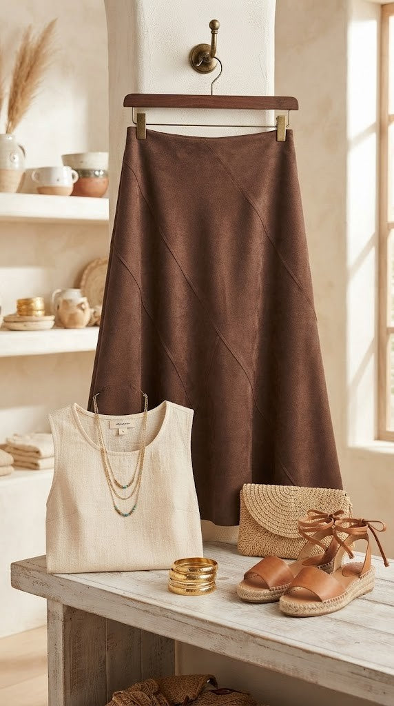 Contempo Suede-Feel Midi Skirt (Size 36)