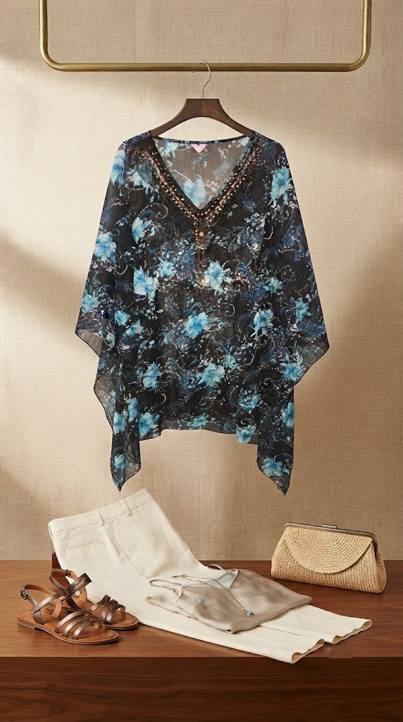 Blue Floral Embellished V-Neck Chiffon Shawl/Kaftan – Excellent Condition (Size 2XL)
