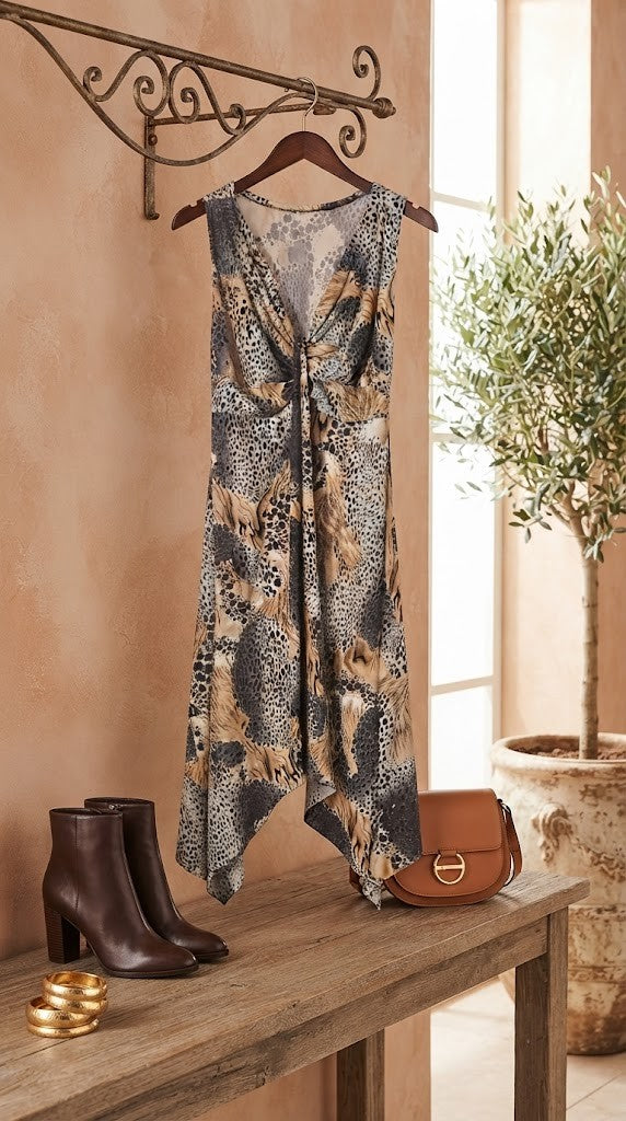 Chic Animal-Print Asymmetrical Hem Midi Dress – Size M, Excellent Condition