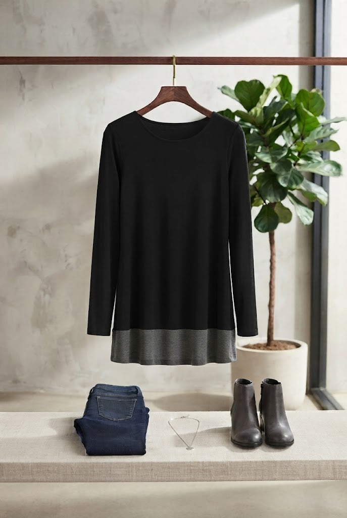 Black & Grey Layered Long-Sleeve Blouse – Size M (Excellent Condition)
