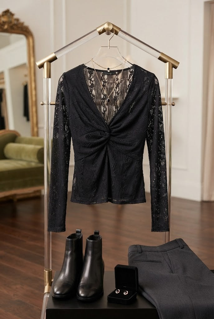 David Jones Classic Collection Black Lace Long-Sleeve Blouse – Size XL