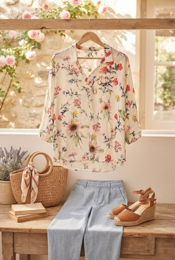 Floral Print V-Neck Relaxed Blouse - Size 44