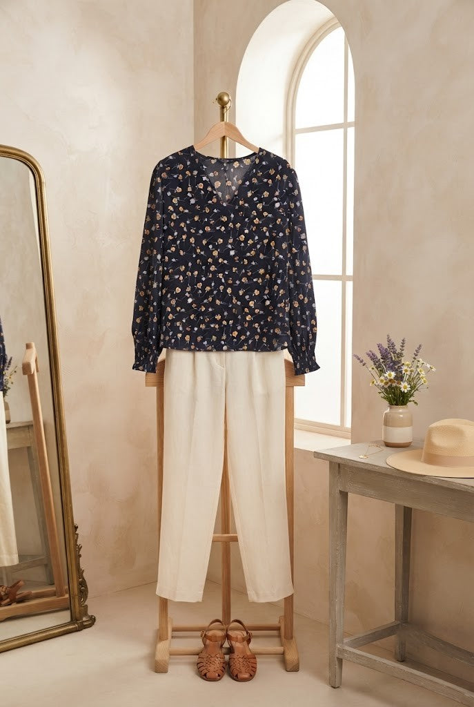 Chic Navy Floral V-Neck Blouse with Smocked Cuffs – Size 36