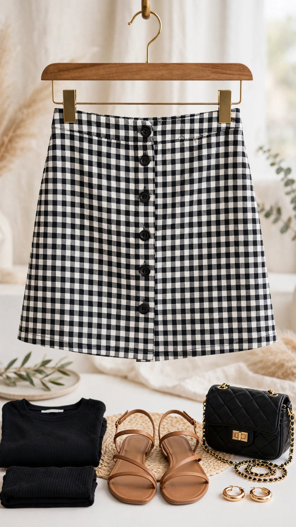 Black & White Gingham Button-Front Mini Skirt - Size 38