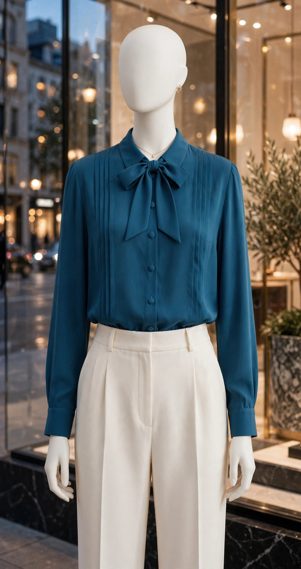 Teal Pintuck Pleat Long Sleeve Blouse Tie-Neck Bow Blouse - Size 34