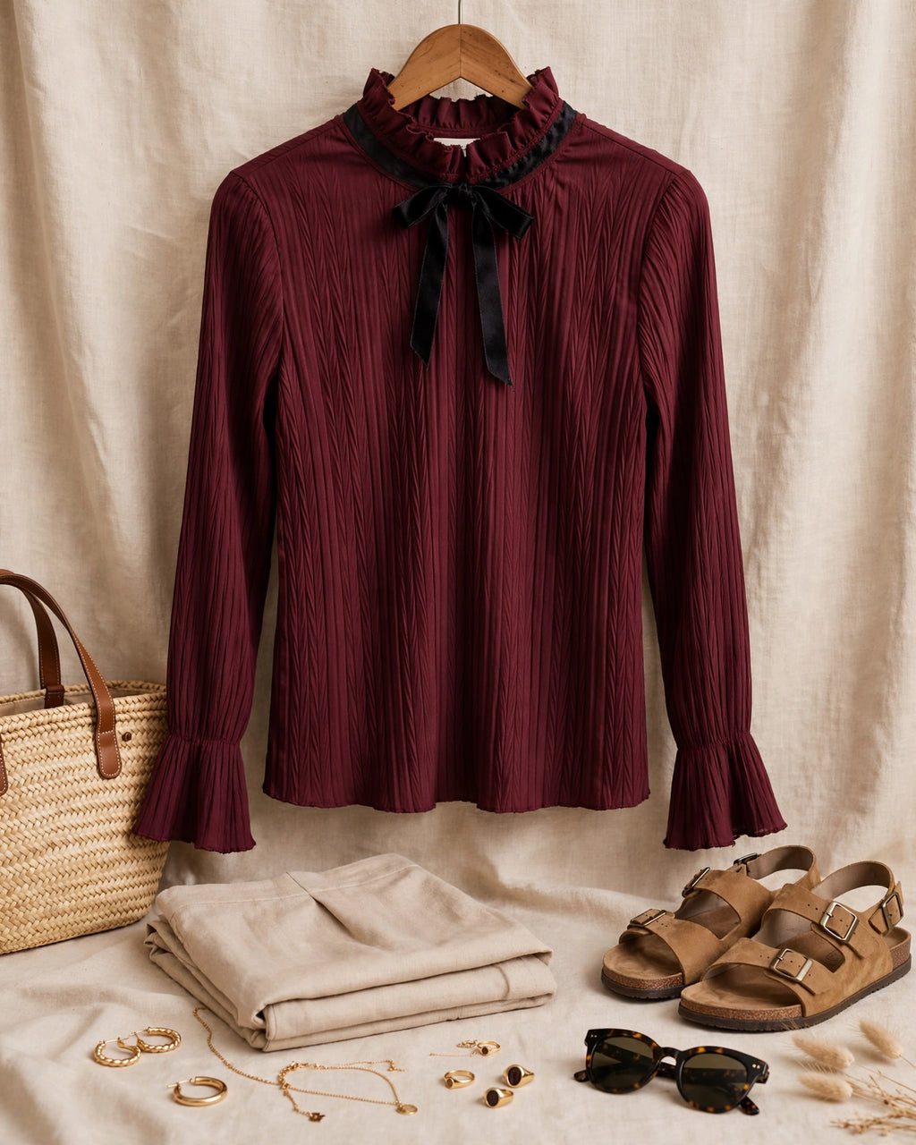 New Feeling Burgundy Pleated Blouse with Bow Tie - Size Small
