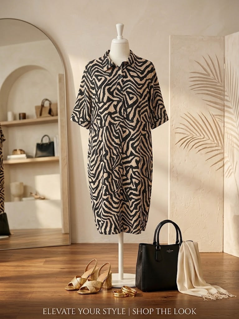 Elegant Zebra Print Viscose Midi Shirt Dress – Excellent Condition (Size L)