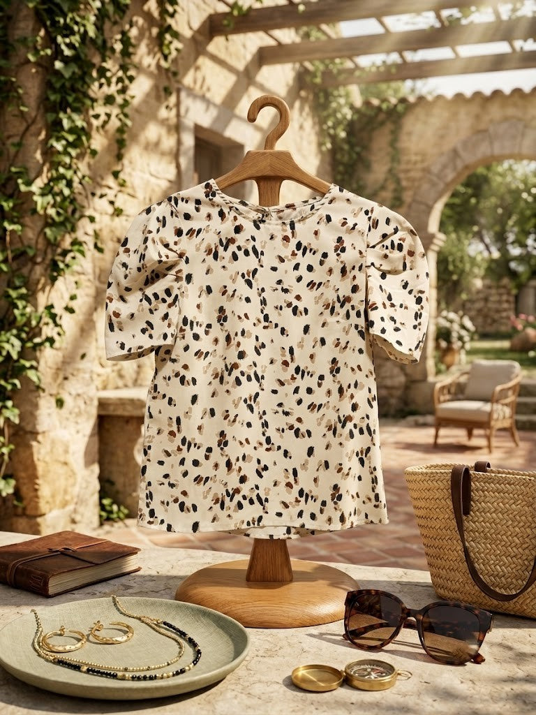 Chic Abstract Print Puff-Sleeve Blouse – Size Small