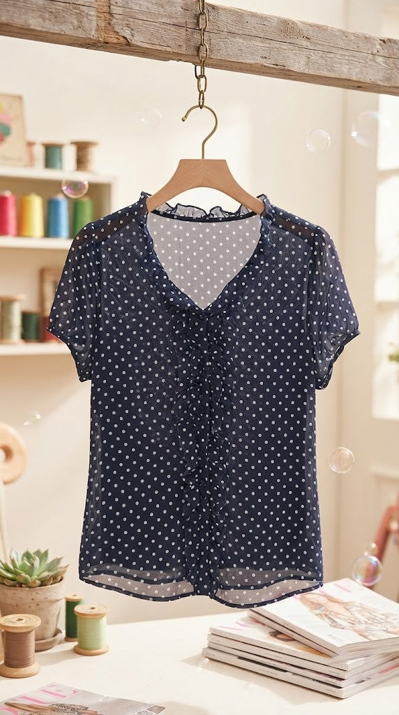 Pre-Loved Navy Polka Dot Ruffled Blouse – Size Medium