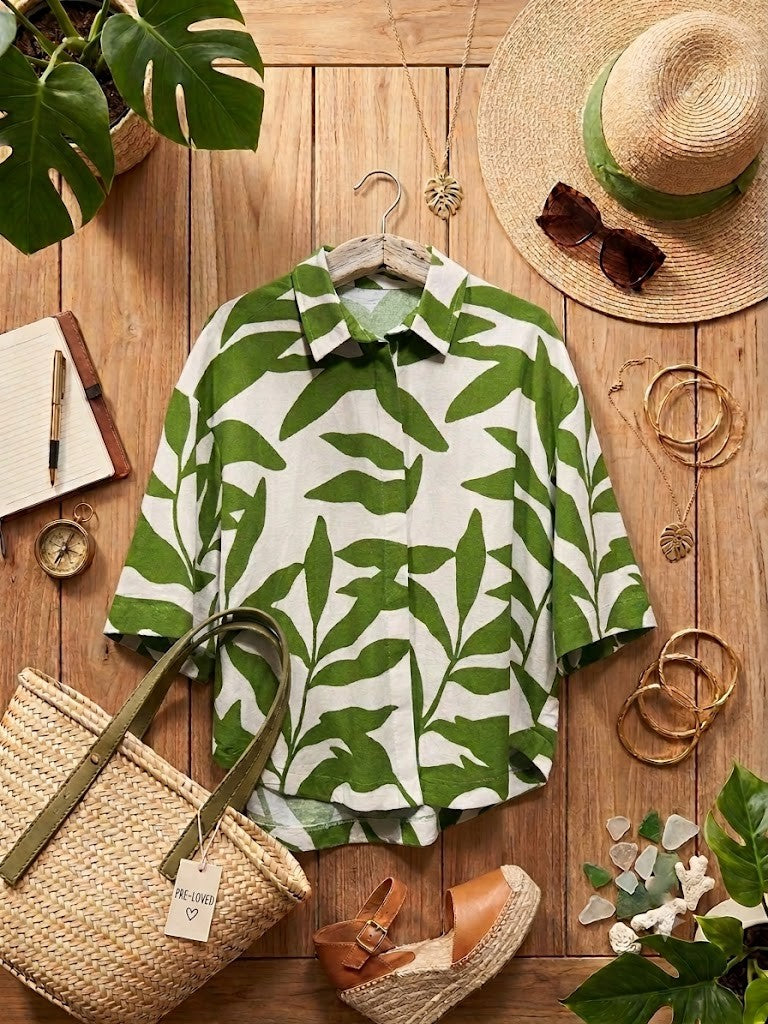 Foschini Green & White Leaf Print Button-Down Blouse - Size Large