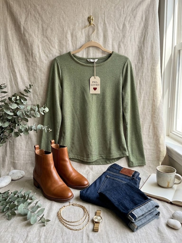 Women's Sage Green Long-Sleeve Top – Size Small, Excellent Condition