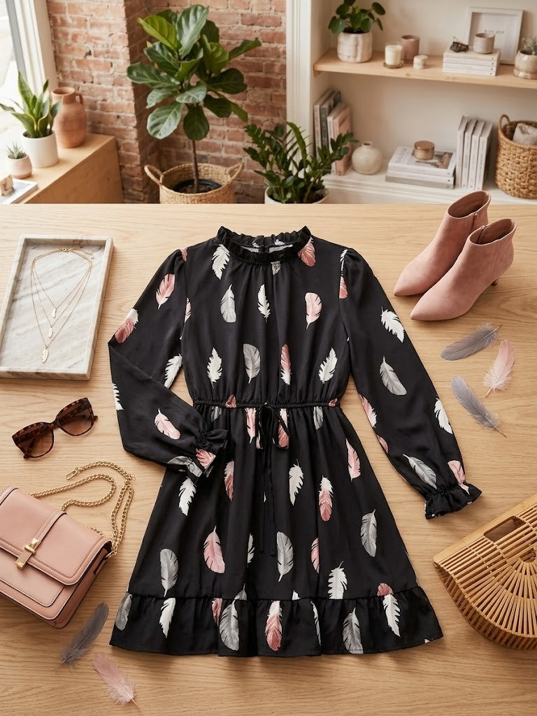 David Jones Feather Print Long Sleeve Mini Dress - Size XL, Excellent Condition