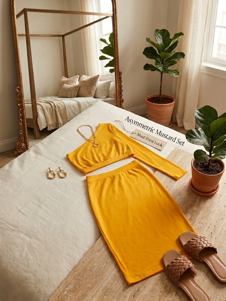 Asymmetric Mustard Two-Piece Set – Size XL, Excellent Condition