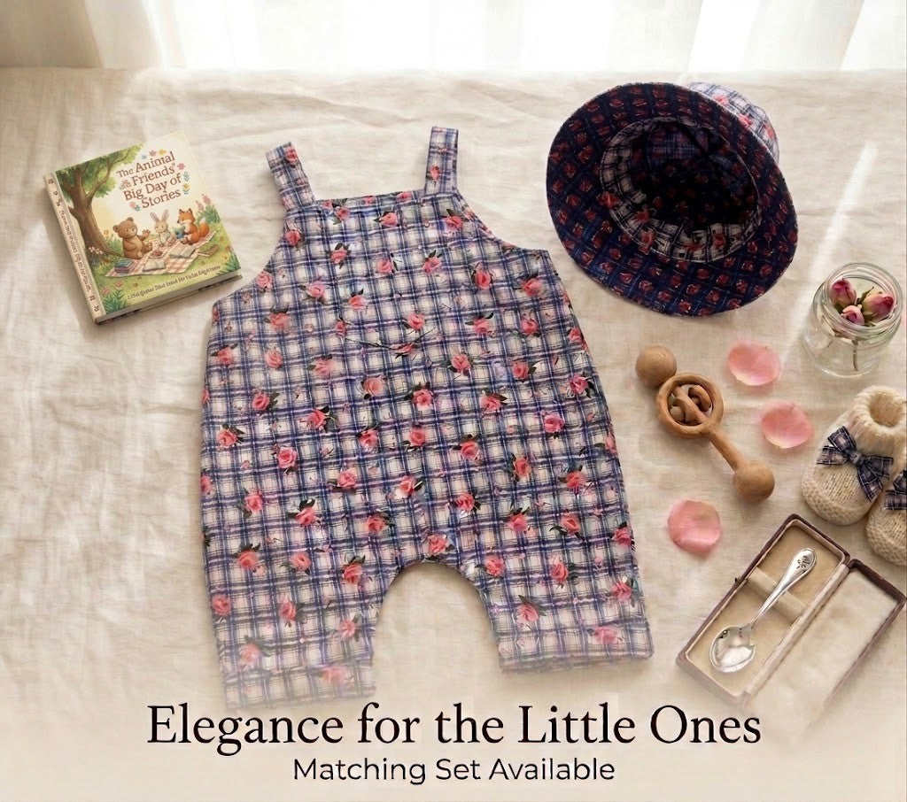Vintage-Inspired Plaid & Rose Print Jumpsuit and Matching Bucket Hat - Size 18-24 Months