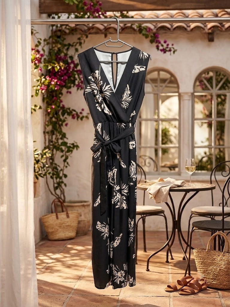 Floral Print V-Neck Sleeveless Jumpsuit - Size XL