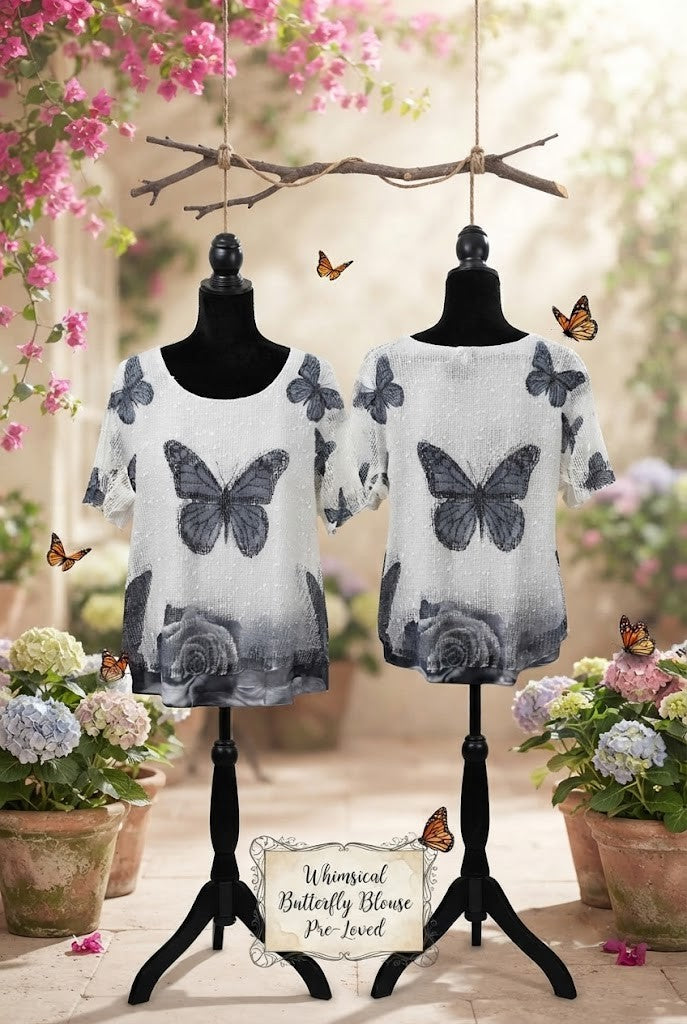 Queenspark Butterfly & Rose Print Layered Blouse - Size Large