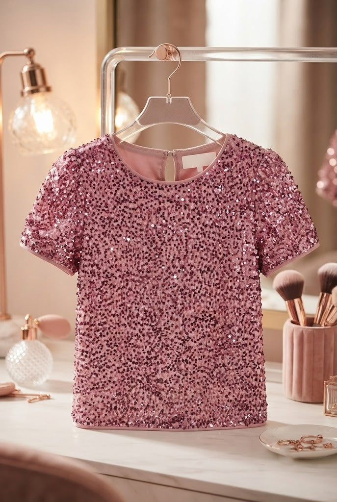 Women's Shimmering Rose Gold Sequin Short-Sleeve Blouse – Size Medium