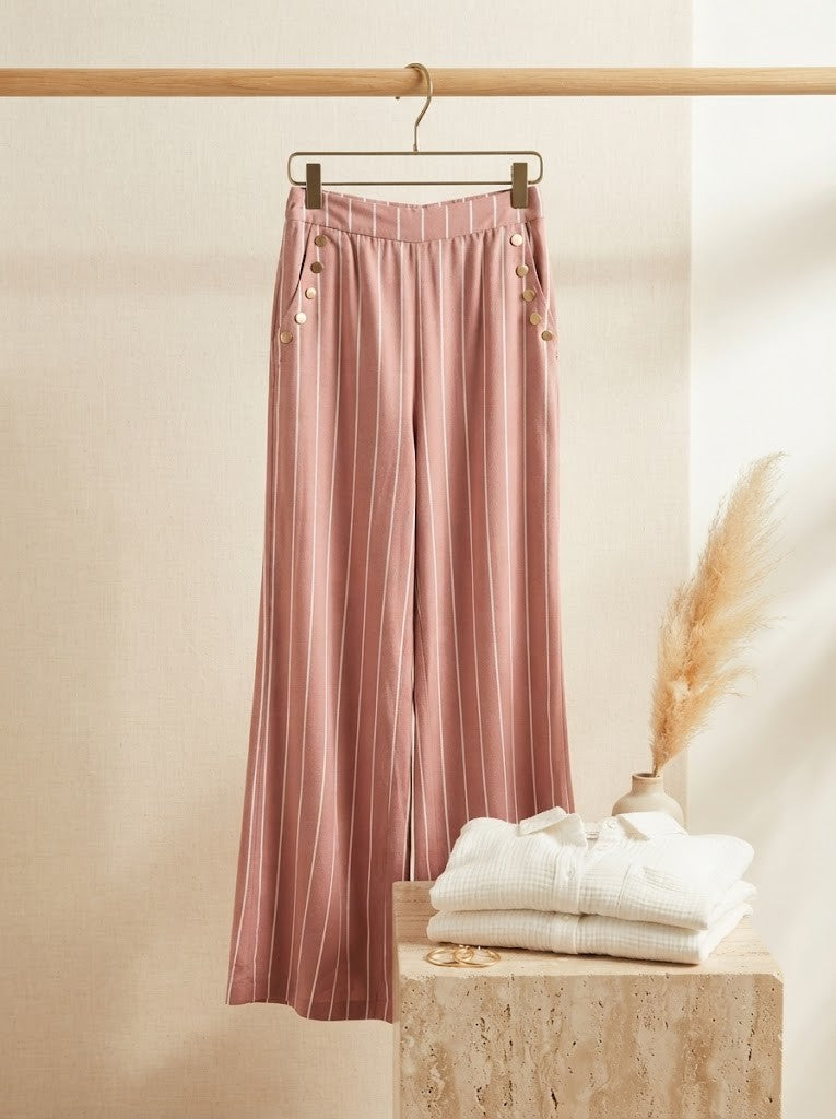 U-Star High-Waisted Striped Wide-Leg Trousers – Dusty Rose – Size XS