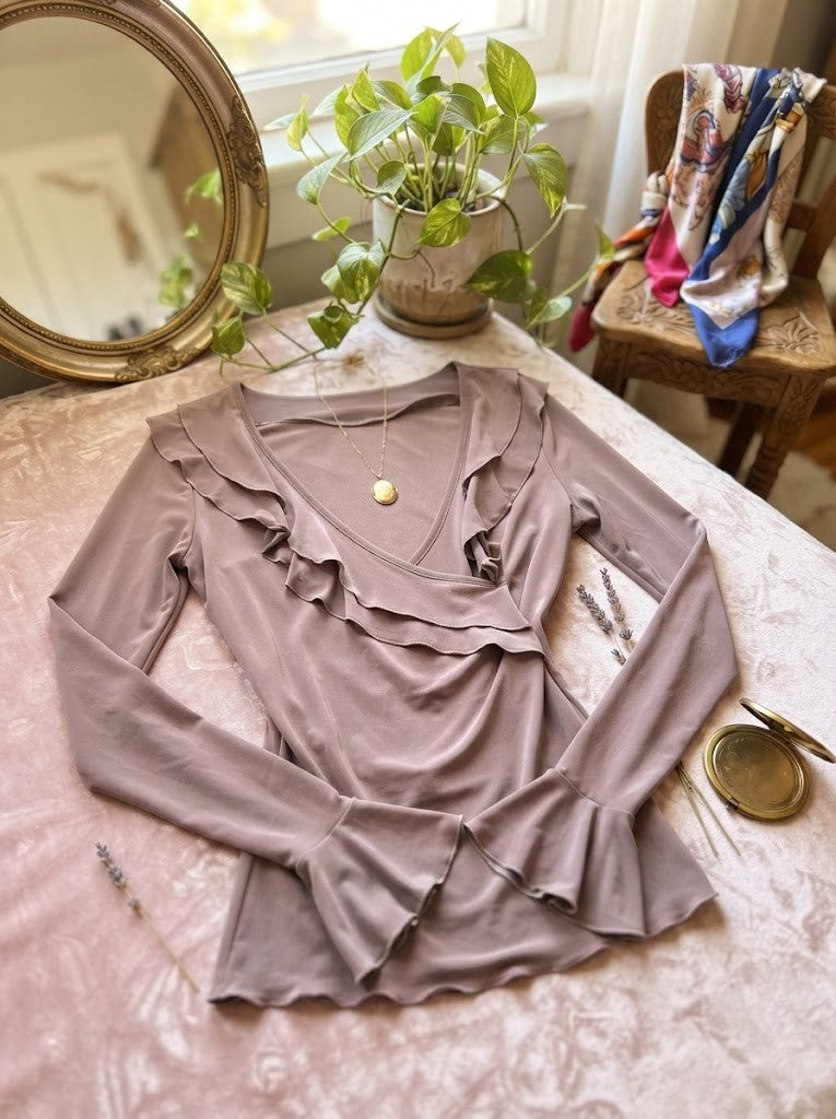 Elegant Ruffled Wrap-Front Long Sleeve Blouse – Dusty Mauve, Size Medium