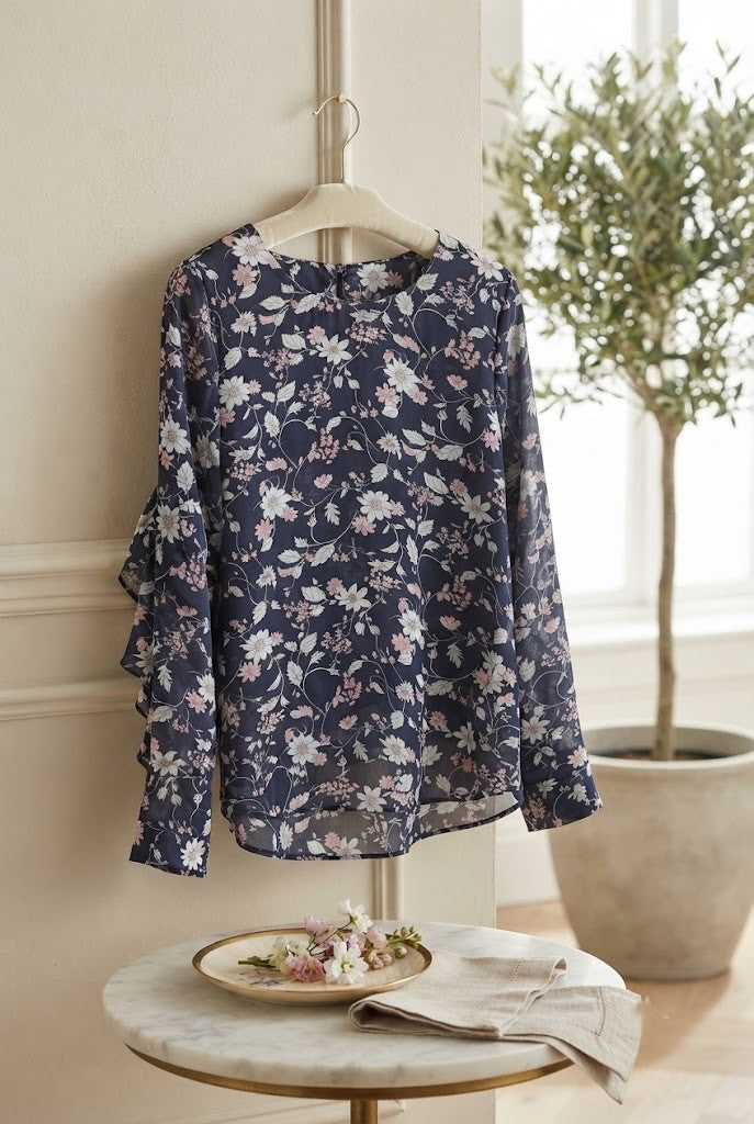 Modern Dynasty Ruffled Floral Blouse - Navy Blue, Size XL