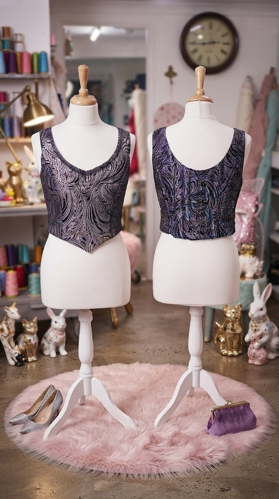 Elegant Metallic Brocade V-Neck Bodice Top - Dark Purple & Black - Size M