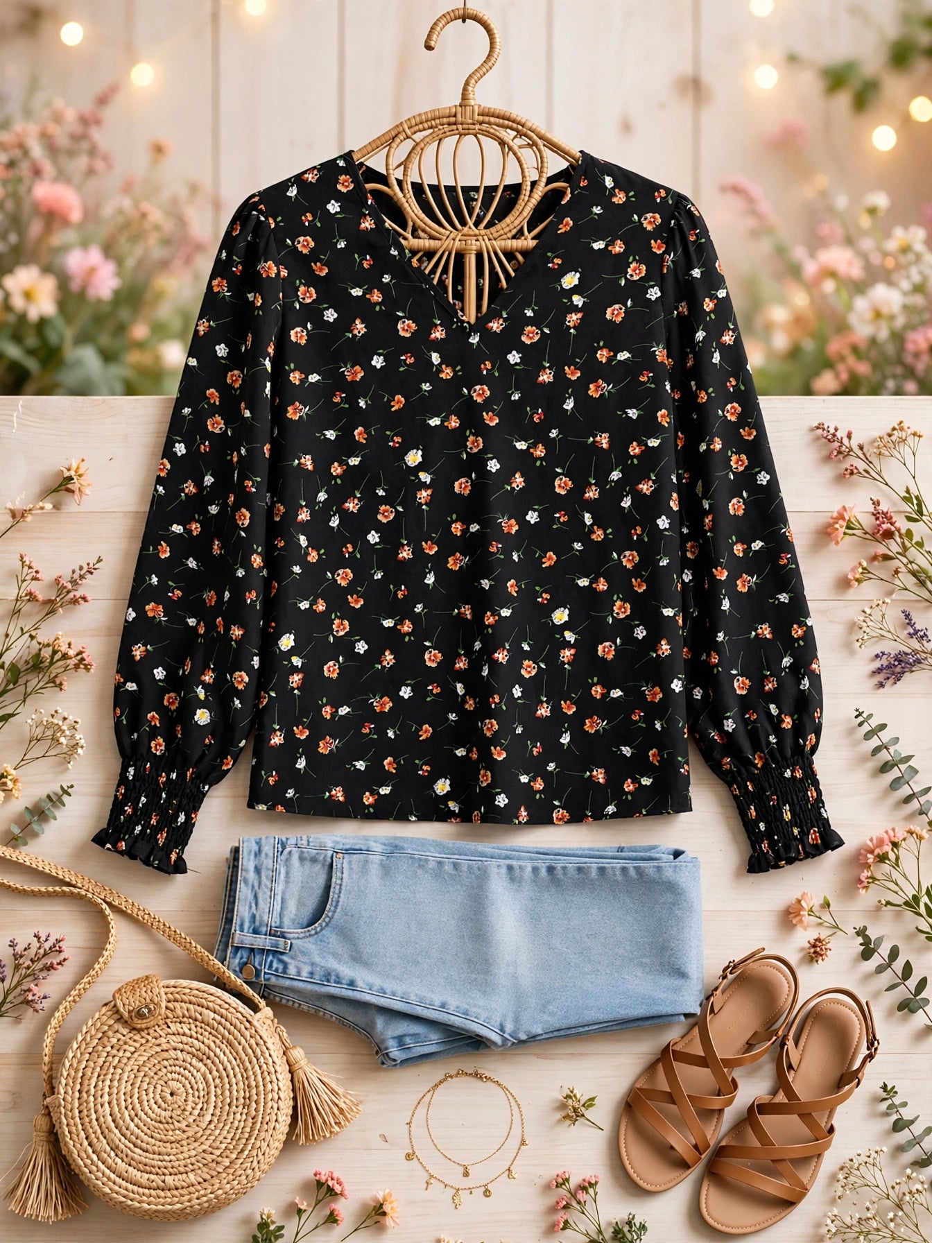 The Daisy Daydream Blouse - Black Orange Floral Wrap Top - Small