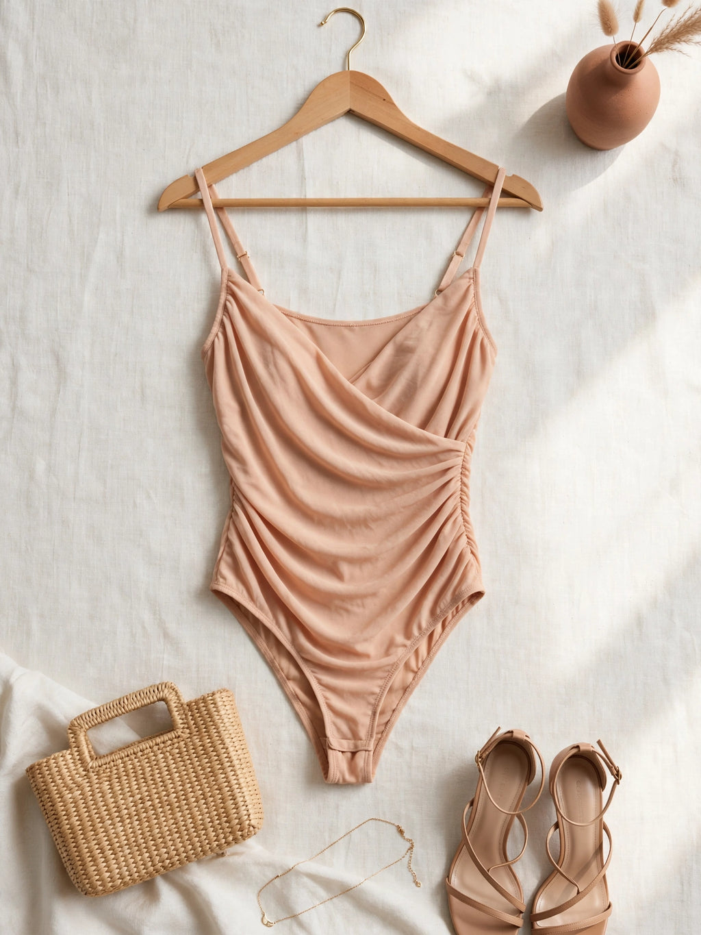 Beige Draped Cowl Neck Ruched Bodysuit - Size Small