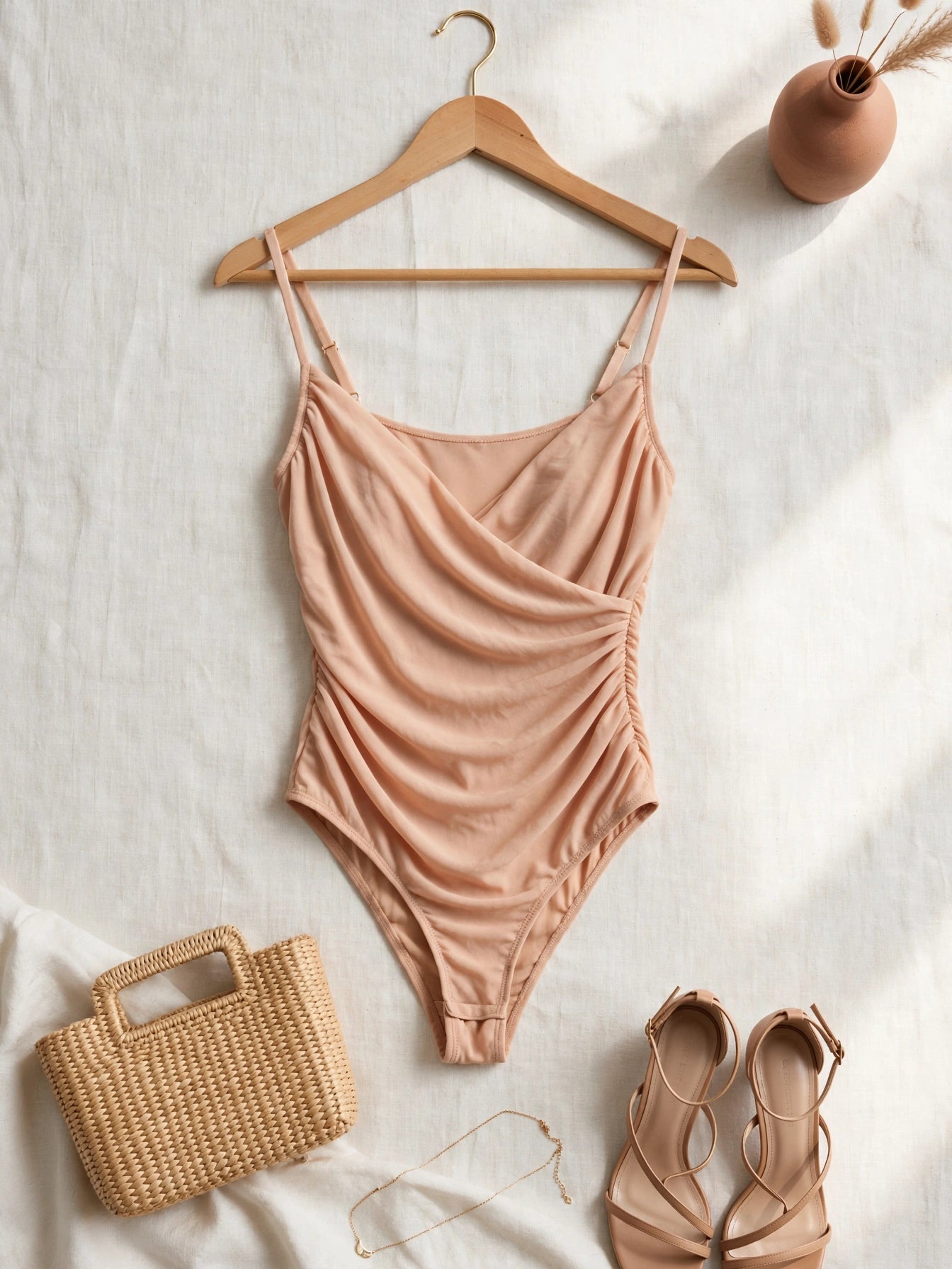 Beige Draped Cowl Neck Ruched Bodysuit - Size Small